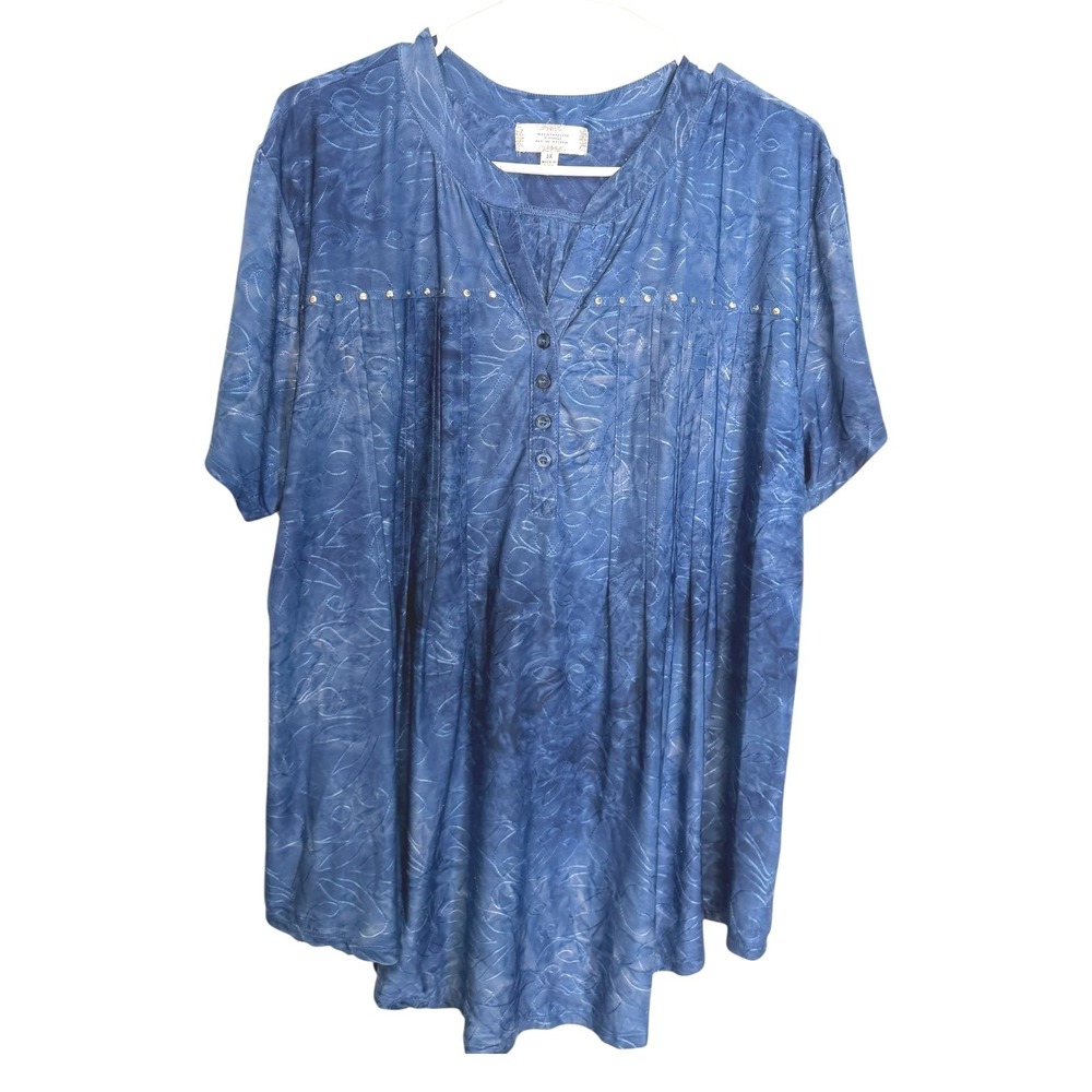 Shannon Ford 3X Blue Henley Top Studded Embroidered Pleated Boho Art to Wear